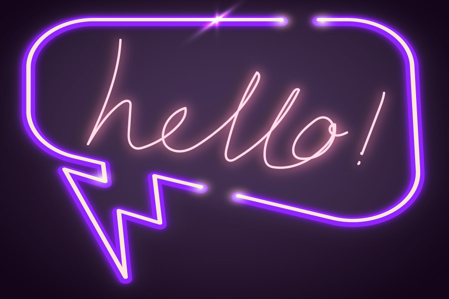 A purple speech bubble says HELLO! in pink neon lighting